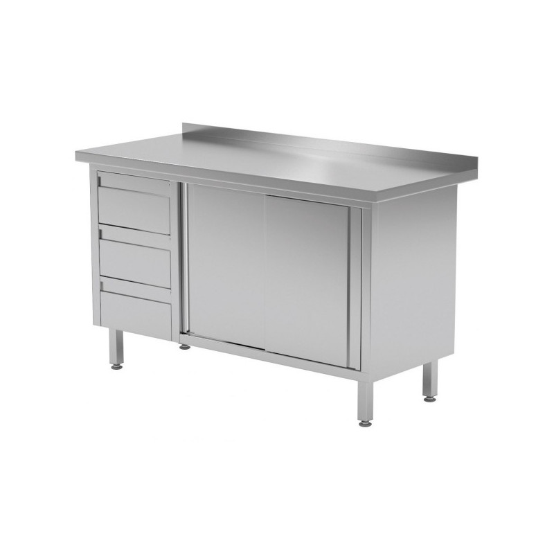 Stół przyścienny szafka z trzema szufladami i drzwiami suwanymi 1800x600x850mm