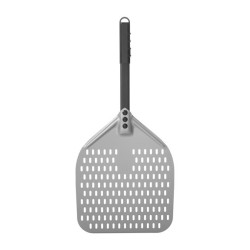 Łopata do pizzy z perforacją i krótką rączką, kwadratowa z anodowanego aluminium, 305x660mm